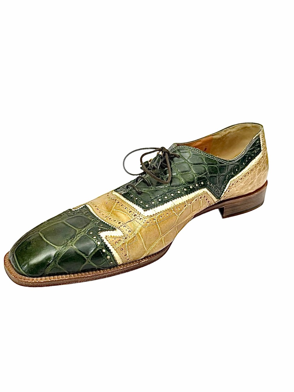 Mauri Crocodile Spectator Brogue Green Tan Size 16 Made In Italy Luxury